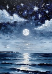Oil Painting Of Serene Moonlight Over the Ocean