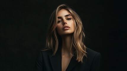 Fototapeta premium Female model in chic all black outfit, posing confidently under moody, dark lighting