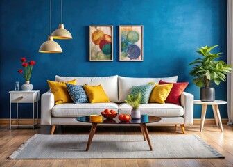 Scandinavian design meets vibrant hues: a blue textured wall complements colorful cushions in a modern living room.