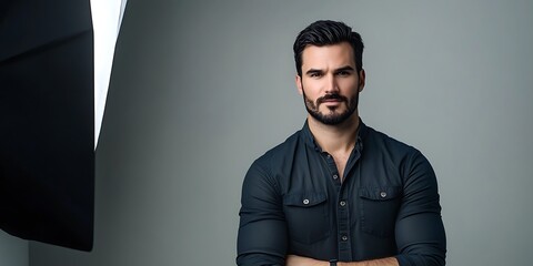 Portrait of a male photographer standing confidently in a photo booth, preparing for a shoot