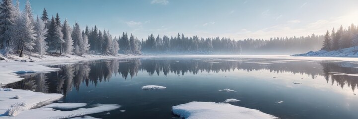 Fototapeta premium Winter landscape with icy frost on a frozen lake, freeze frame, ice and snow, frosty winter