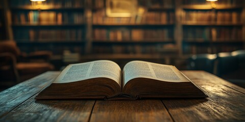 Open Book on a Wooden Table with Blurred Library