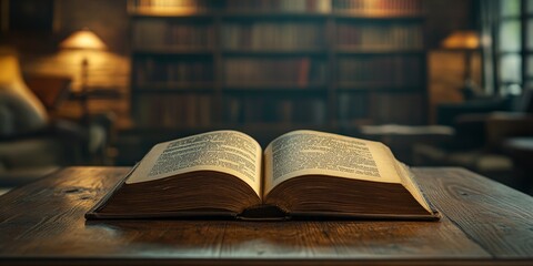 Obraz premium Open Book on a Wooden Table with Blurred Library