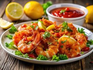 Scrumptious crispy shrimp plate: a gourmet seafood appetizer beautifully captured in appetizing photography.