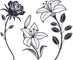 legant Black Flower Silhouette Set – Stunning Floral Art for Home Decor"