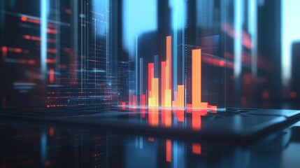 A detailed 3D bar chart on a laptop screen, with bars growing in height as data is processed in real-time, symbolizing business success and analytical precision.