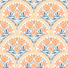 Floral arch seamless pattern. Scallop half circle geometrical botanical ornament. Art nouveau stylized hand drawn small orange color flowers and leaves on white background. Repeat allover backdrop