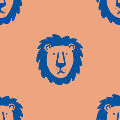 Seamless vector pattern with cute draw fluffy lion, paws. Simple doodle style.	

