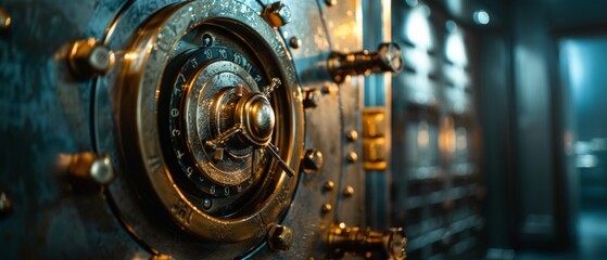 A close-up image of a large, robust safe with a combination lock, surrounded by others of various sizes. The scene conveys a sense of security and reliability with a warm glow and golden elements.