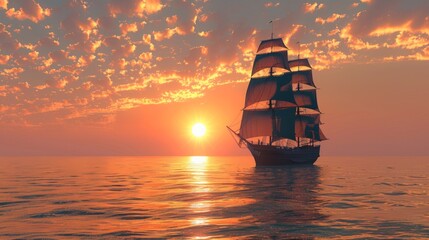 An old sailboat drifts on calm seas at sunset. Warm colors fill the sky, highlighting its classic design. The scene evokes peace and wonder.