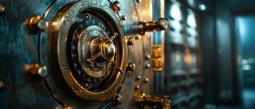 A close-up image of a large, robust safe with a combination lock, surrounded by others of various sizes. The scene conveys a sense of security and reliability with a warm glow and golden elements.