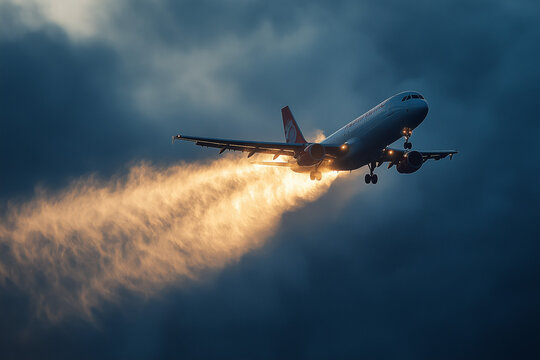 Airplane flying through cloudy sky with jet trails at sunset