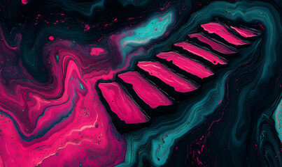 Obraz premium Abstract art painting of a staircase descending into a swirling, vibrant pink and teal marble texture. Perfect for design projects needing a bold, artistic backdrop.