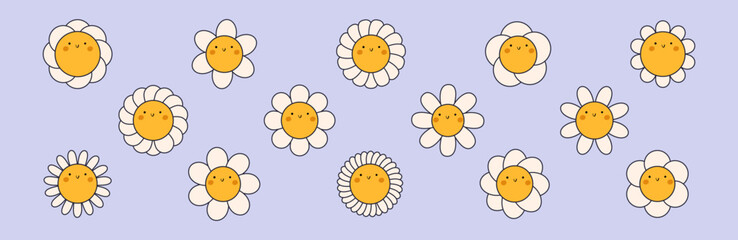 Groovy daisy flowers face collection. Retro chamomile smiles. Happy stickers set from 70s. Vector graphic illustration