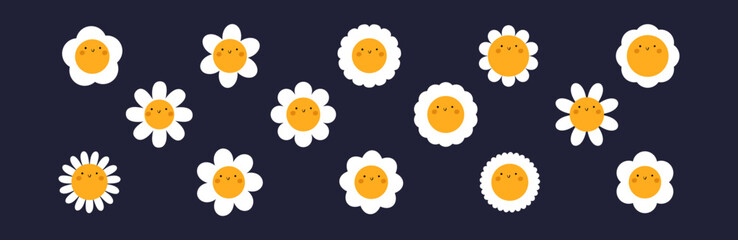 Groovy daisy flowers face collection. Retro chamomile smiles. Happy stickers set from 70s. Vector graphic illustration
