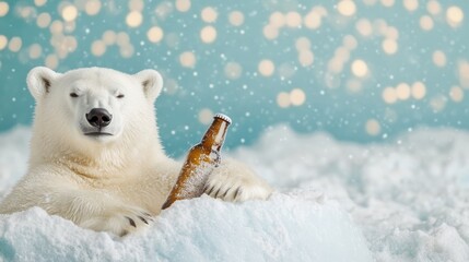 Naklejka premium A polar bear relaxing in the snow, enjoying a cold drink.