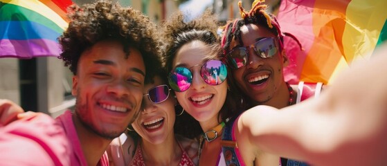 Four friends, two men and two women, joyfully pose with rainbow flags and colorful sunglasses, highlighting diversity and celebration. - Powered by Adobe