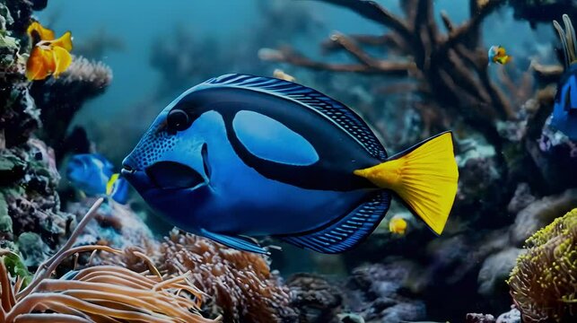 Blue Tang fish in coral reefs.