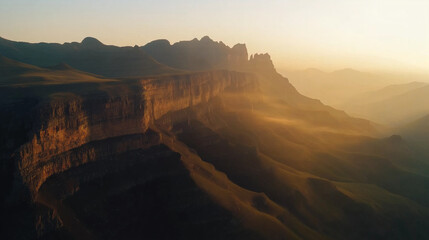 Majestic Mountain Cliffs at Sunrise with Golden Light and Misty Valleys