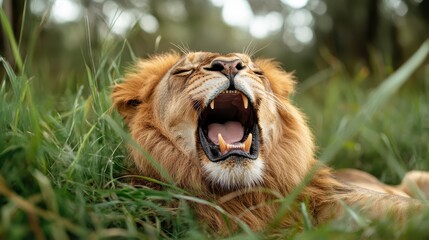 A relaxed lion lies on a grassy field yawning widely, surrounded by softly lit foliage, evoking a sense of tranquility in the heart of the wilderness.
