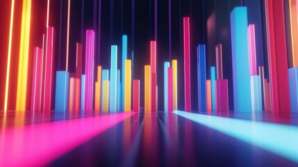 Obraz premium A dynamic 3D bar chart with colorful bars rising from a flat surface, representing financial data trends, set against a modern digital dashboard interface.