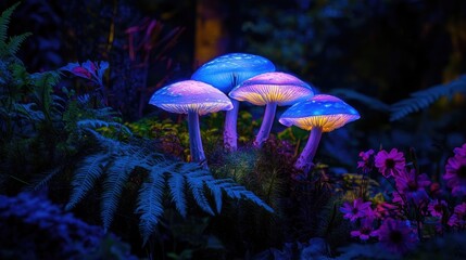 A dreamy scene of bioluminescent mushrooms glowing in the twilight, surrounded by ferns and wildflowers, capturing the beauty of nature's hidden wonders.