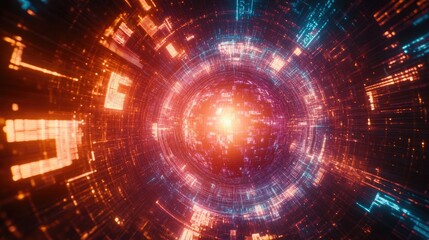 Obraz premium A digital grid forming a globe-like structure with light beams representing data flows, top view, emphasizing the digital transformation of the world, robotic tone, Triadic Color Scheme