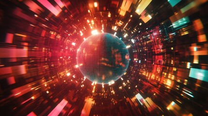 Fototapeta premium A digital grid forming a globe-like structure with light beams representing data flows, top view, emphasizing the digital transformation of the world, robotic tone, Triadic Color Scheme