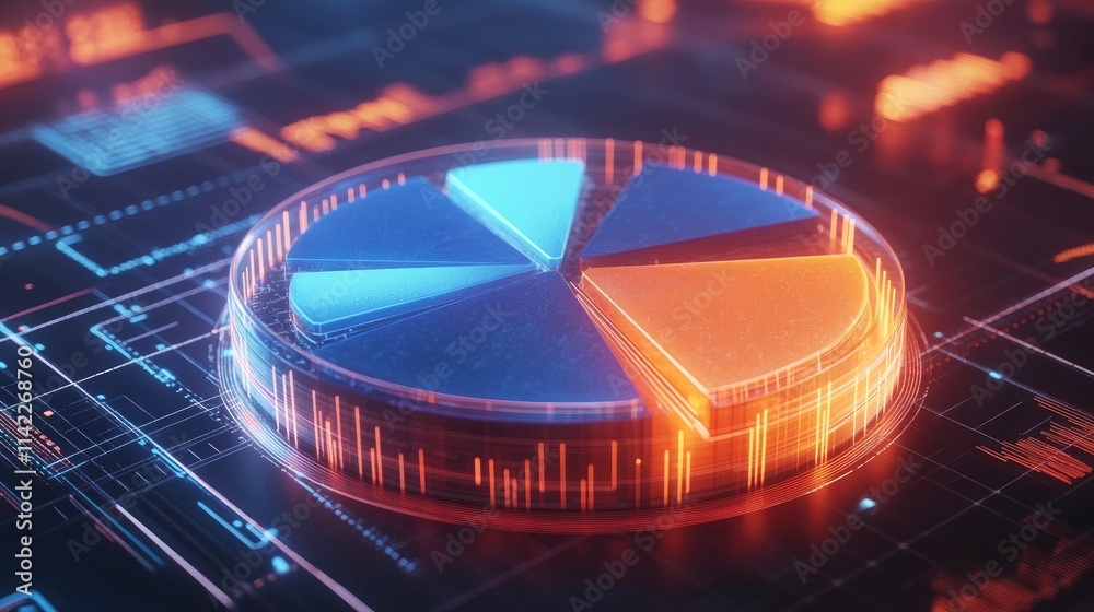 Poster a dynamic 3d pie chart with rotating segments in different shades of blue and orange, set against a 