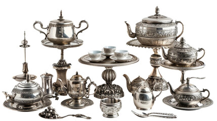 Antique Silverware Display on transparent background PNG.
