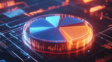 A dynamic 3D pie chart with rotating segments in different shades of blue and orange, set against a futuristic background with glowing data lines and graphs.