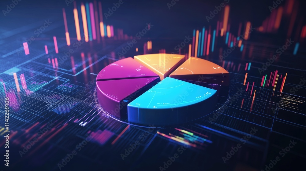 Poster a dynamic 3d pie chart with spinning segments, surrounded by floating data points, symbolizing real-