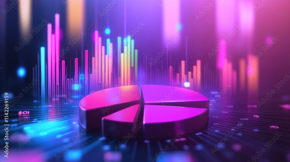 Poster a dynamic 3d pie chart with spinning segments, surrounded by floating data points, symbolizing real-