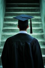 Graduate faces future, ascending steps, gown.