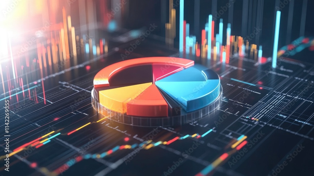 Poster a dynamic 3d pie chart with spinning segments, surrounded by floating data points, symbolizing real-