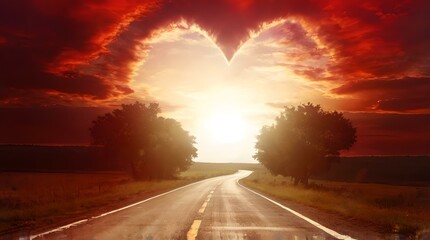 Romantic red heart-shaped sky at sunset with scenic road, clouds, and love-themed background
