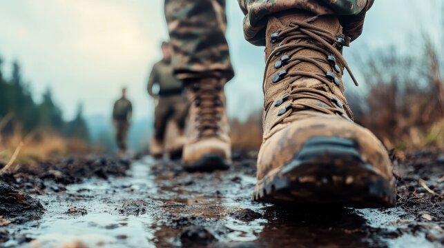 A focused view of soldiers' boots marching through a muddy path, highlighting the resilience and determination required in military life and training exercises.