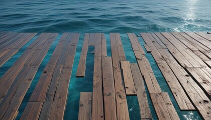 Weathered wooden planks extend into the vast blue sea,  weathered wood,  sky above