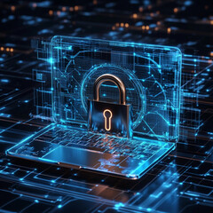 Cybersecurity Concept with Digital Lock on Laptop