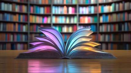 Open Book on a Wooden Table with Blurred Library