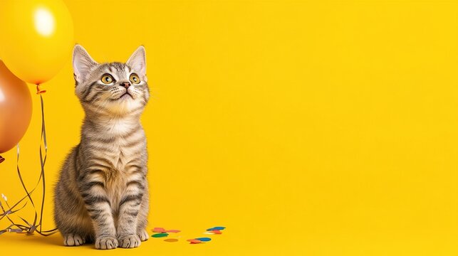 A cute tabby cat sitting and looking up, with birthday balloons on a yellow background and ample space for text, happy birthday greeting card.