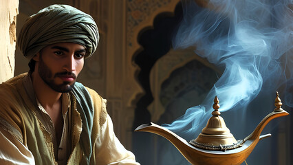 Prince Aladdin summons a genie to magic to help. Smoke is coming from the lamp. The Tale of the Magic Lamp