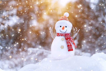 Cute snowman in red hat and scarf outdoors in a snowy winter.  Christmas, New Year