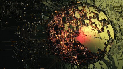 A fragmented digital globe being pieced together by glowing circuits and pathways, side view, depicting the complexity of global networks, technology tone, Analogous Color Scheme 