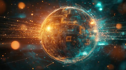 Obraz premium A fragmented digital globe being pieced together by glowing circuits and pathways, side view, depicting the complexity of global networks, technology tone, Analogous Color Scheme 