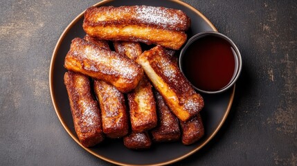A delicious serving of crispy French toast sticks, accompanied by a rich maple syrup for dipping, creating a perfect balance of sweet and savory flavors.