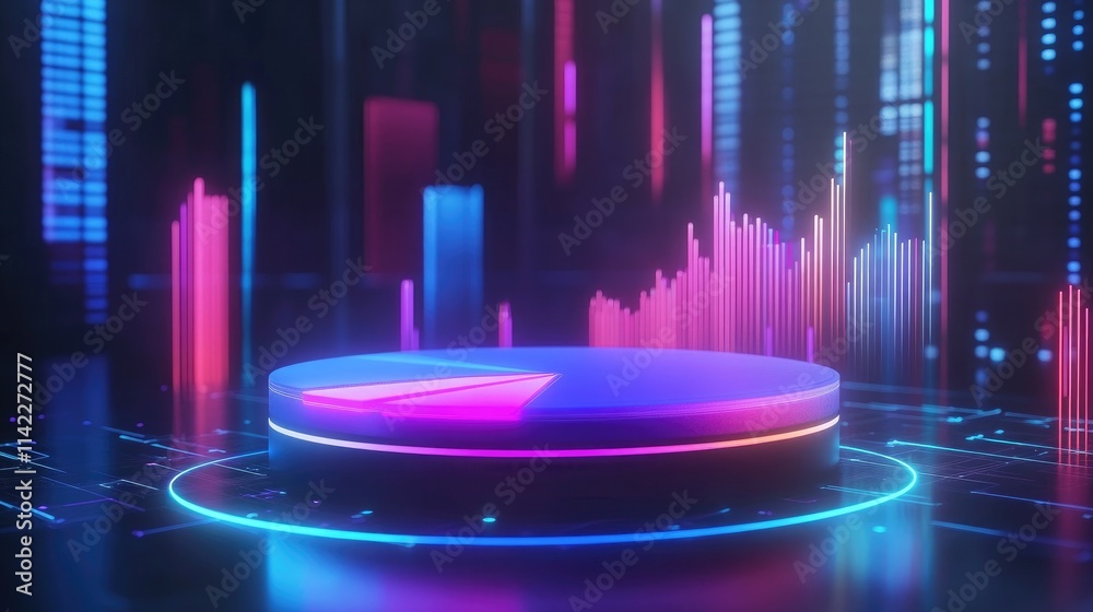 Poster a futuristic 3d pie chart with glowing segments, rotating slowly above a virtual platform, represent