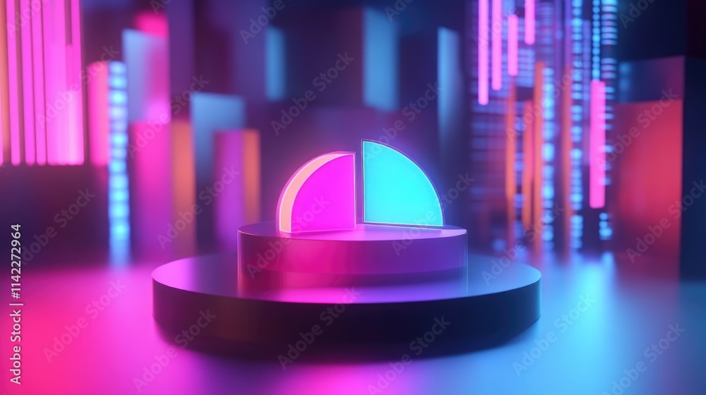 Poster a futuristic 3d pie chart with glowing segments, rotating slowly above a virtual platform, represent