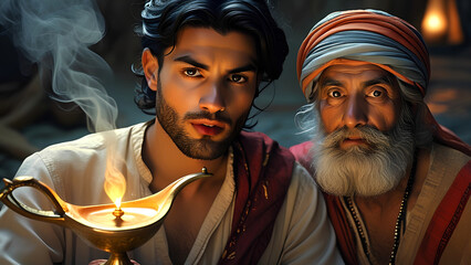 Aladdin and the magic lamp. A young Arab and an old Arab near an old lamp.