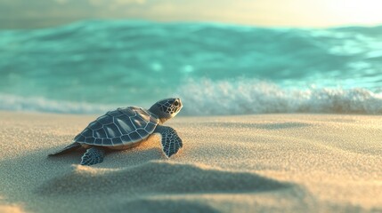 A heartwarming image of a baby sea turtle making its first journey from its nest to the ocean, with soft sand and gentle waves in the background, symbolizing new beginnings
